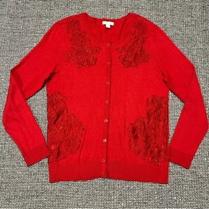 New York & Company Red Lace Applique Button-Front Cardigan